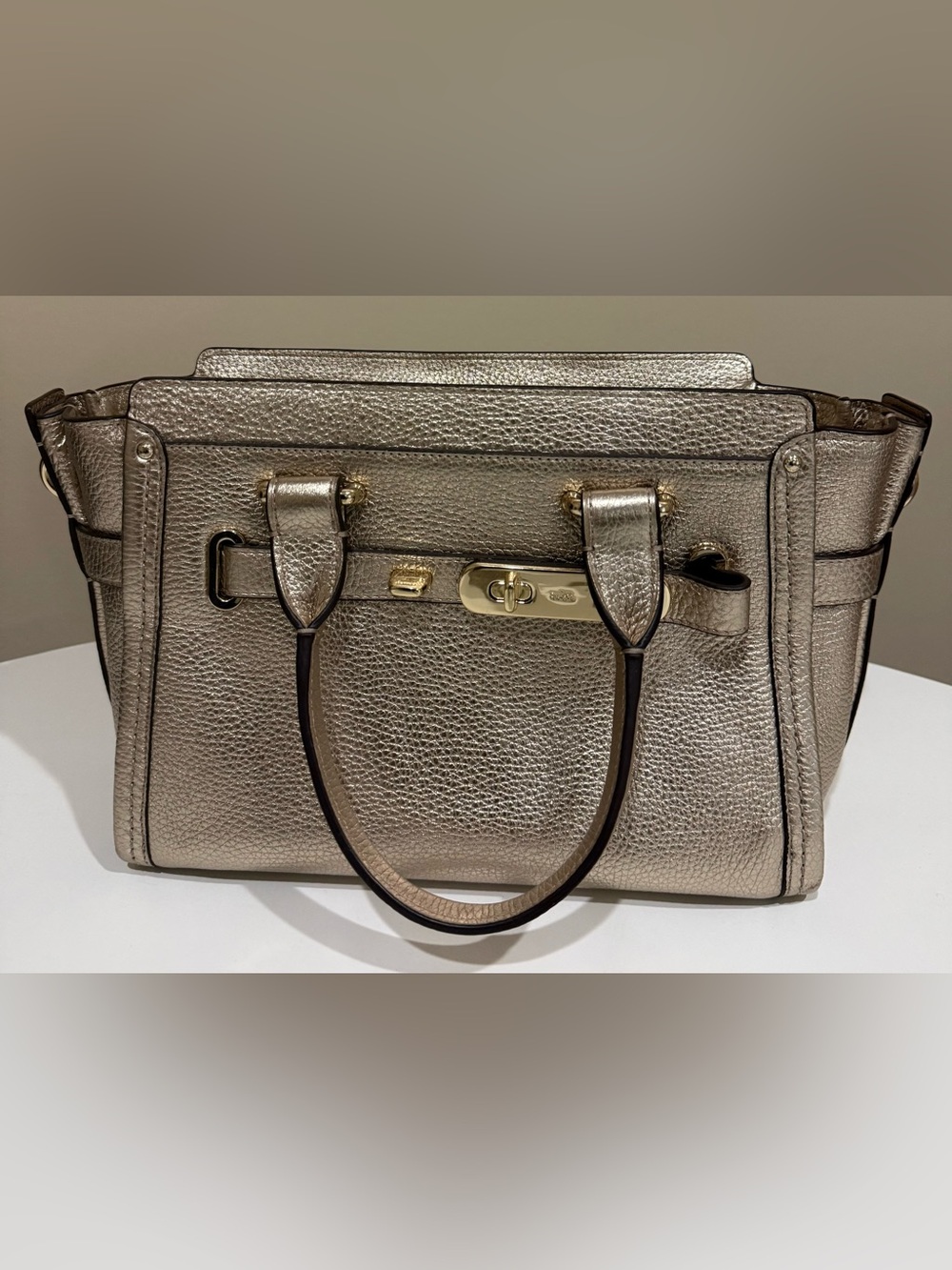 Coach Metallic Gold Leather Tote Bag with Turn-Lock Closure